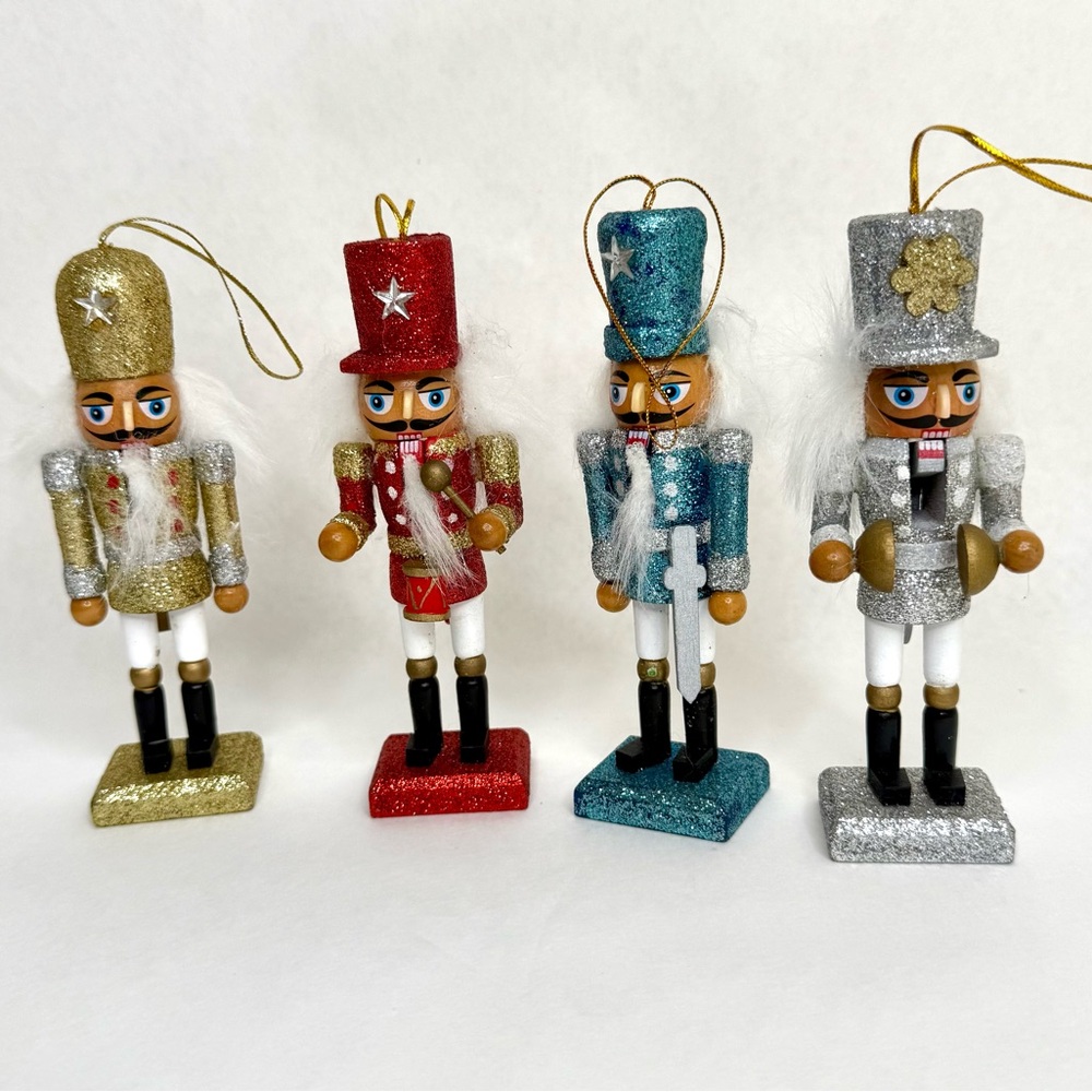 Set of Four 5.5” Glitter Wooden Nutcracker Ornaments